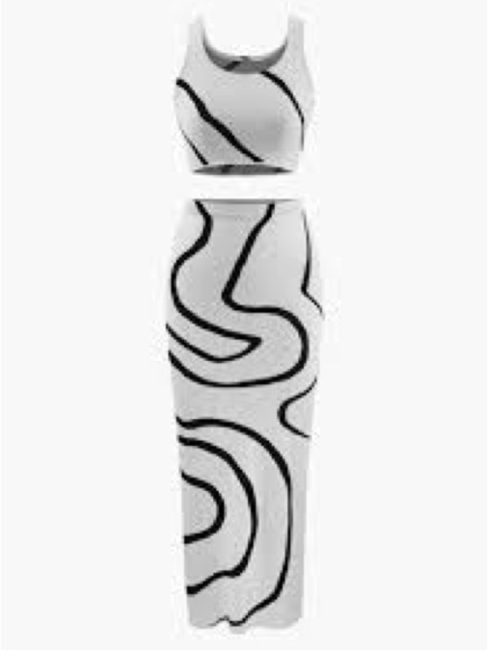 Sleeveless White Midi Skirt and Tank Set Dress with Black Abstract Swirl